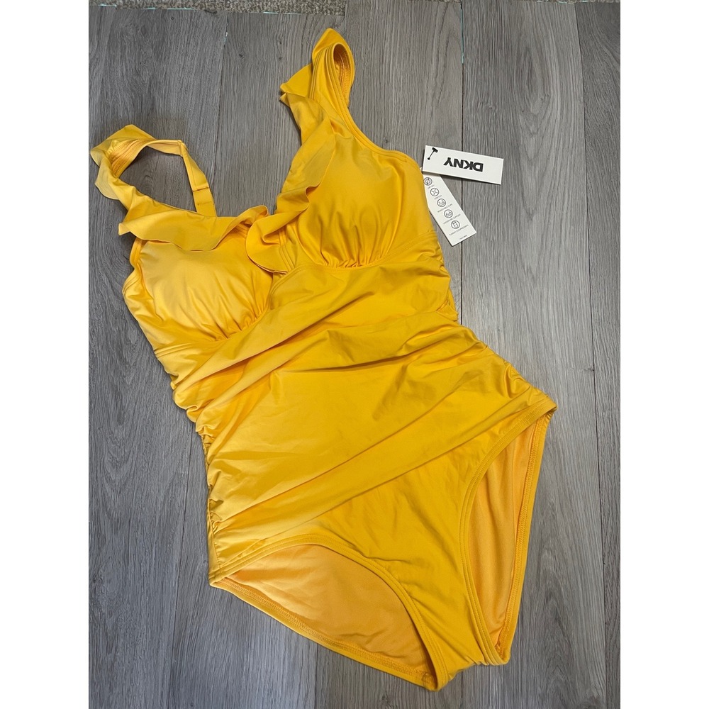 DKNY Ruffle Plunge One-Piece Swimsuit Yellow - Picture 2 of 13